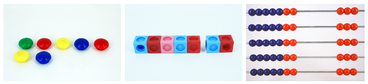 Different objects used to help counting methods visually.  Counters, blocks and an abacus.