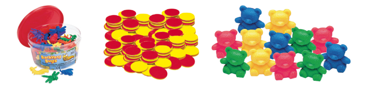 Toy inscets, yellow and red counters, and multi-coloured toy bears.