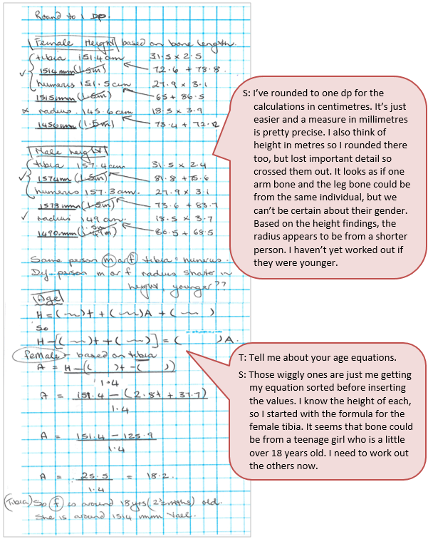 A handwritten set of equations accompanied by two text boxes depicting the conversation between student and teacher.