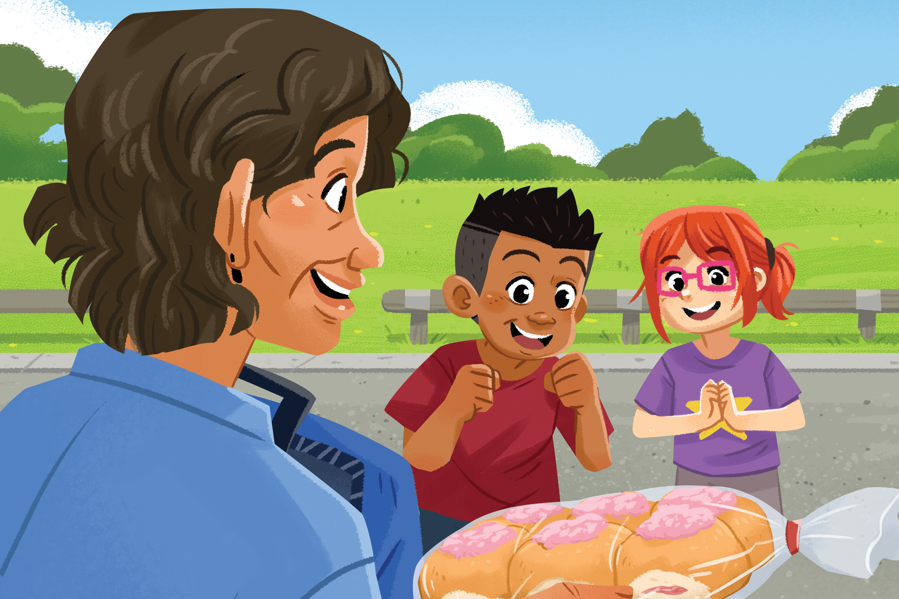  Preview of the front cover of Jam Buns. A grandmother holds a bag of jam buns and two children look at them excitedly.