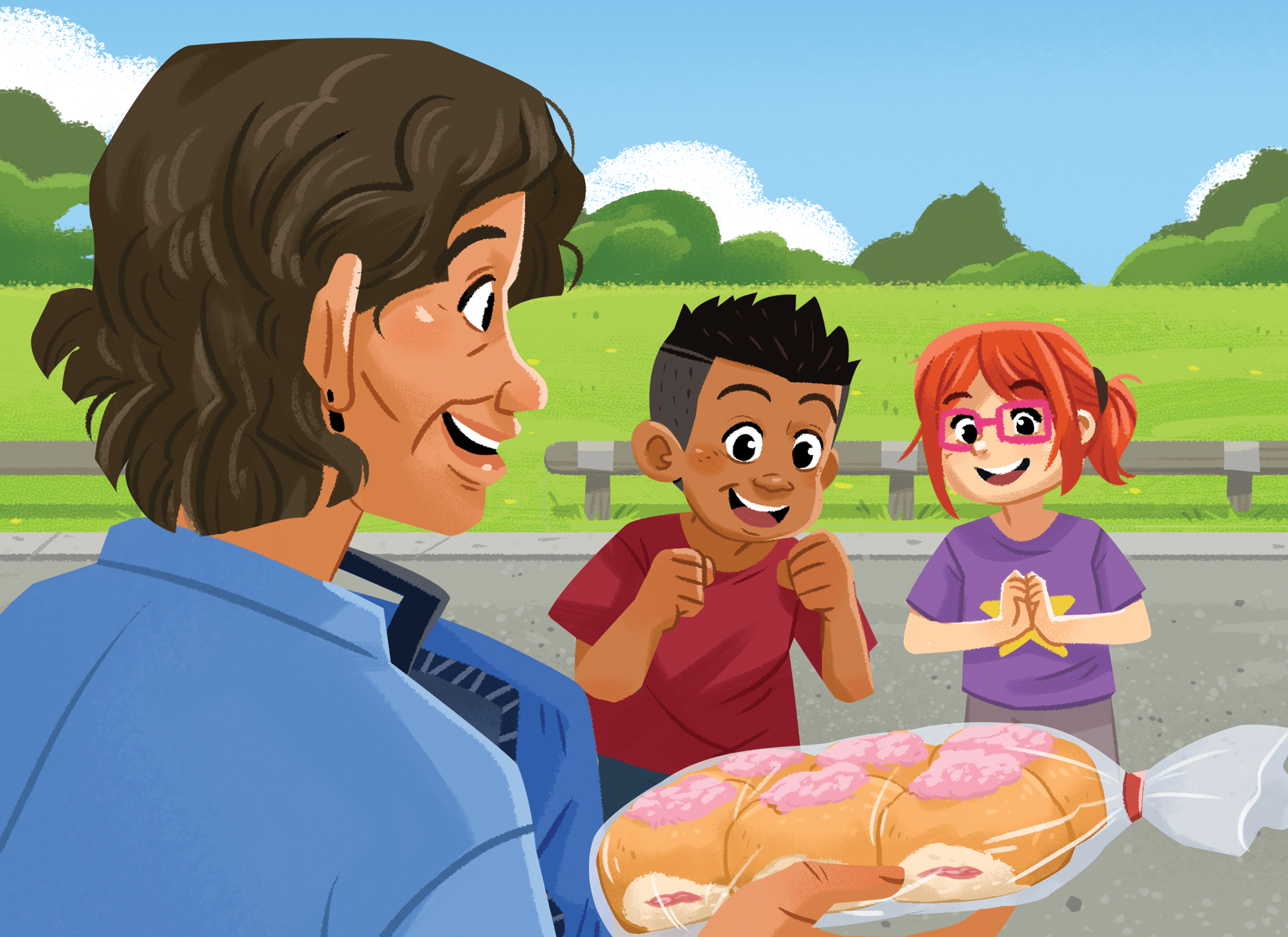  Preview of the front cover of Jam Buns. A grandmother holds a bag of jam buns and two children look at them excitedly.