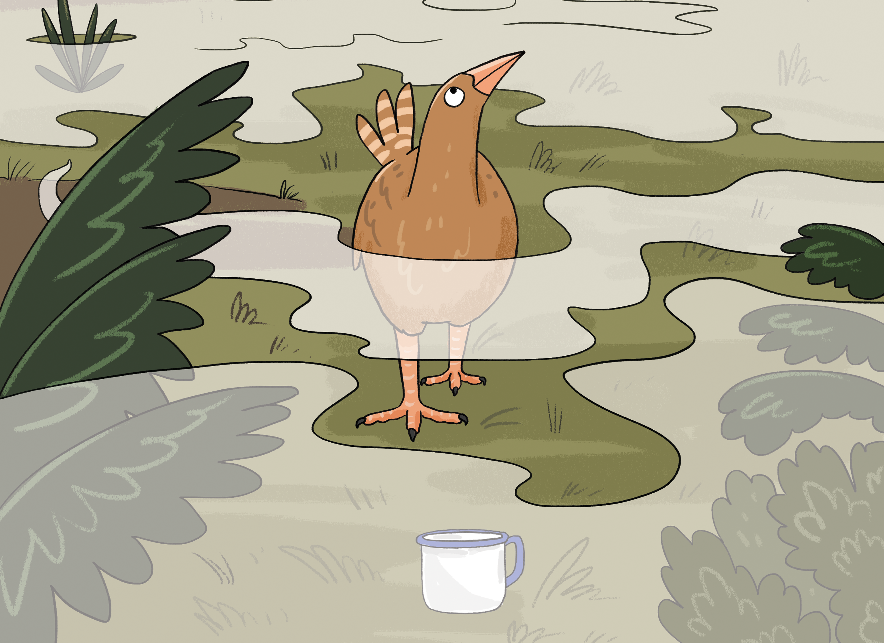  Preview of the front cover of The Tin Cup. A bird walking while looking up at the sky with a tin cup on the ground in their pathway.