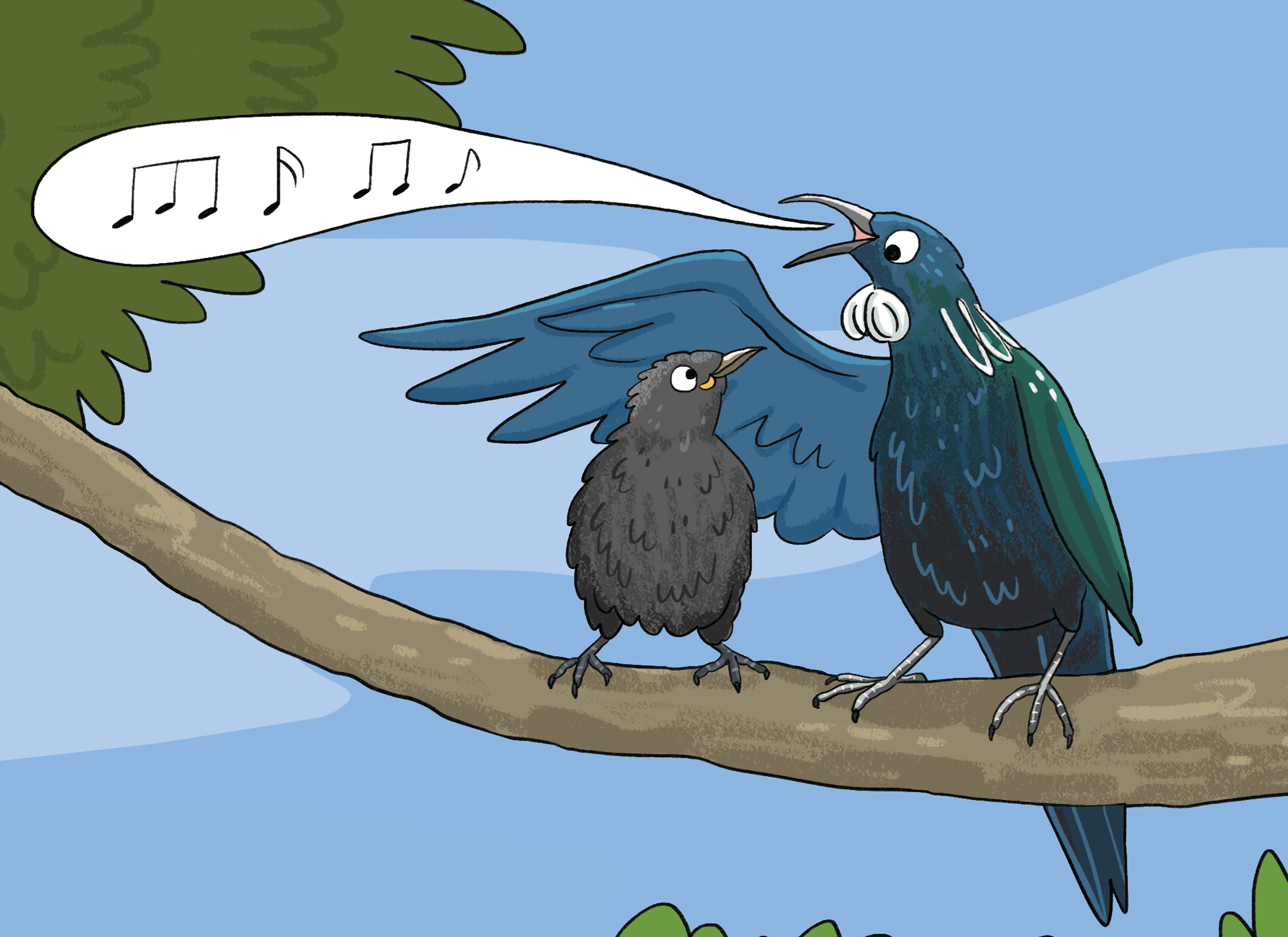 Preview of the front cover of The Big Sing Song. Two birds sitting together on a tree brunch with the larger bird singing to the smaller bird.