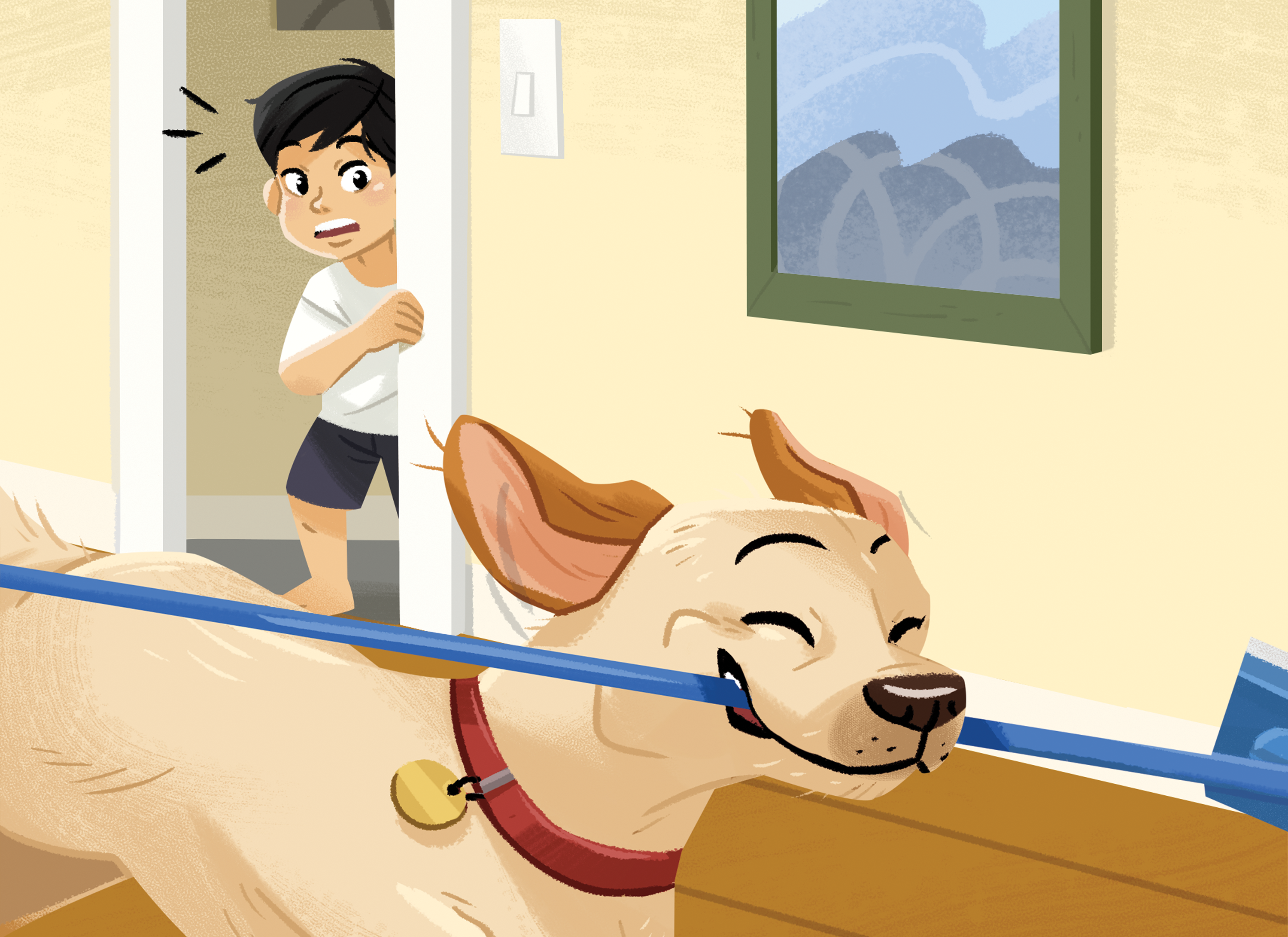Preview of the front cover of Meg Has Fun. A dog running with a mop in their mouth and a child looks at the dog with concern.