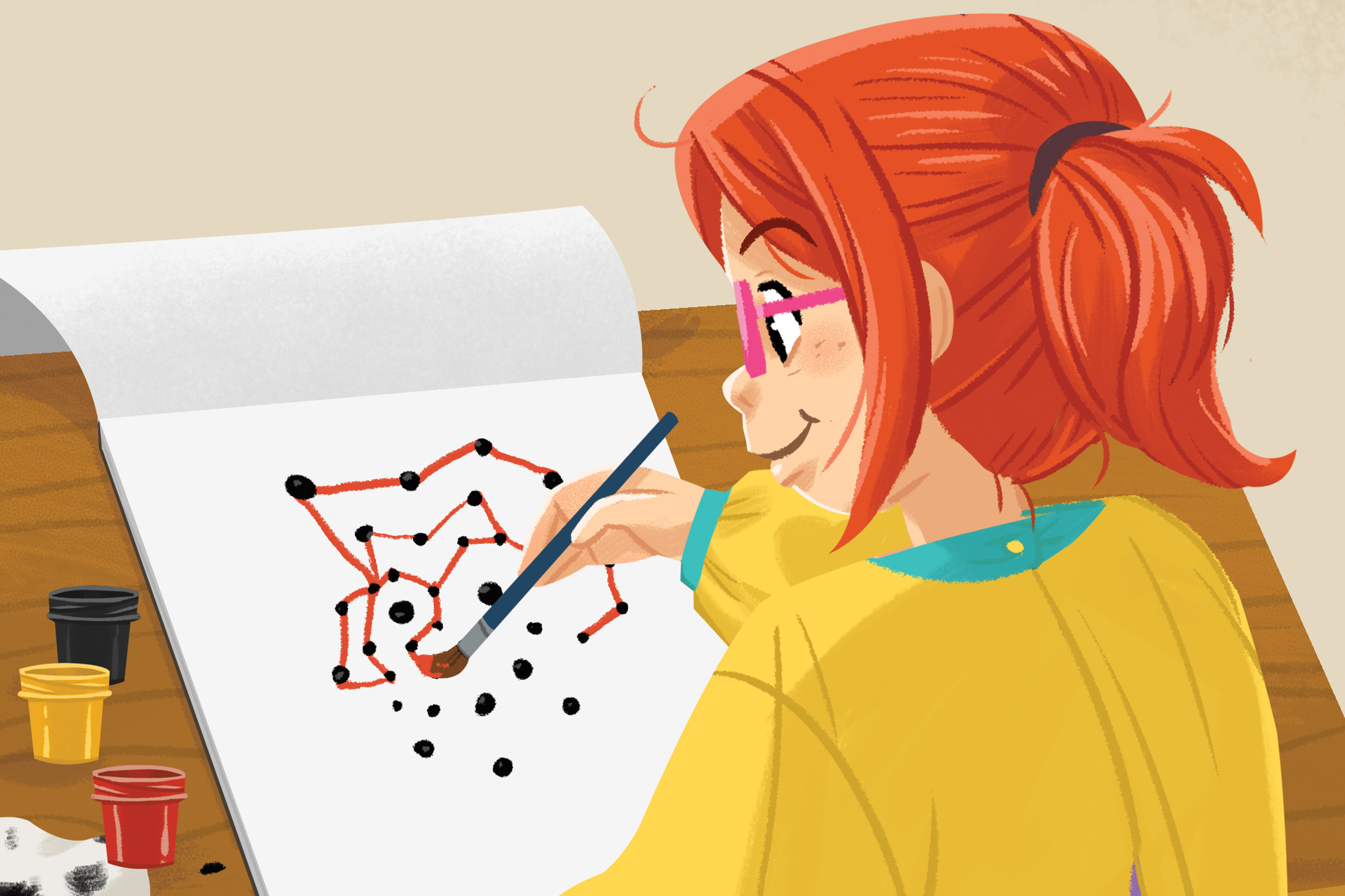 Preview of the front cover of Dot to Dot. A young girl leans over a piece of paper starting to make dots with paint.