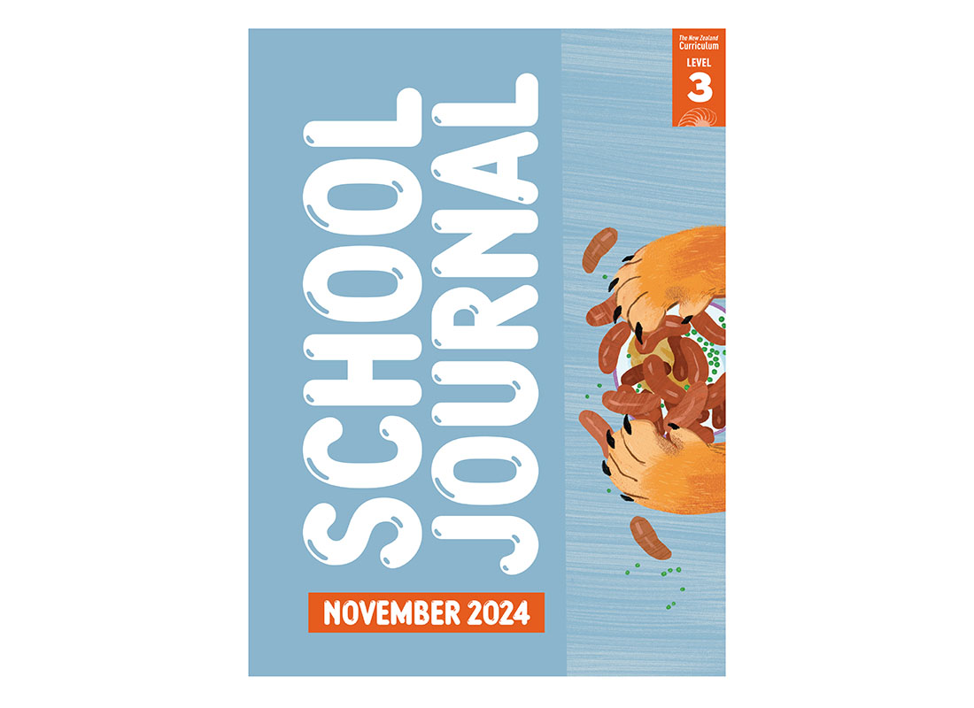 Book cover for School Journal Level 3 November 2024 showing a table with paws grabbing food from it on the front.