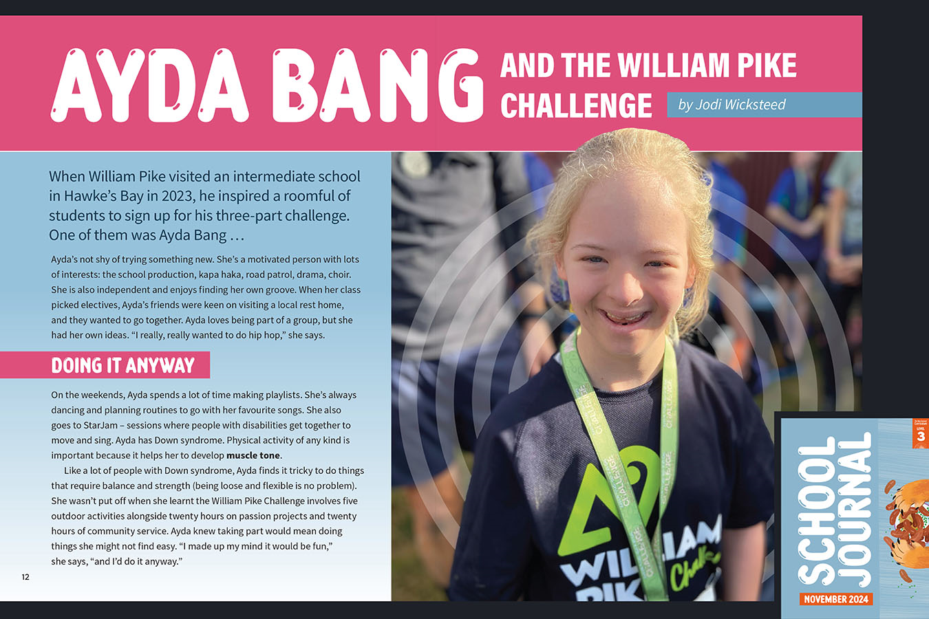 A preview of the article called Ayda Bang and the William Pike Challenge. A photo of Ayda Bang with a medal around her neck. The cover of School Journal Level 3 November 2024 appears in the corner.