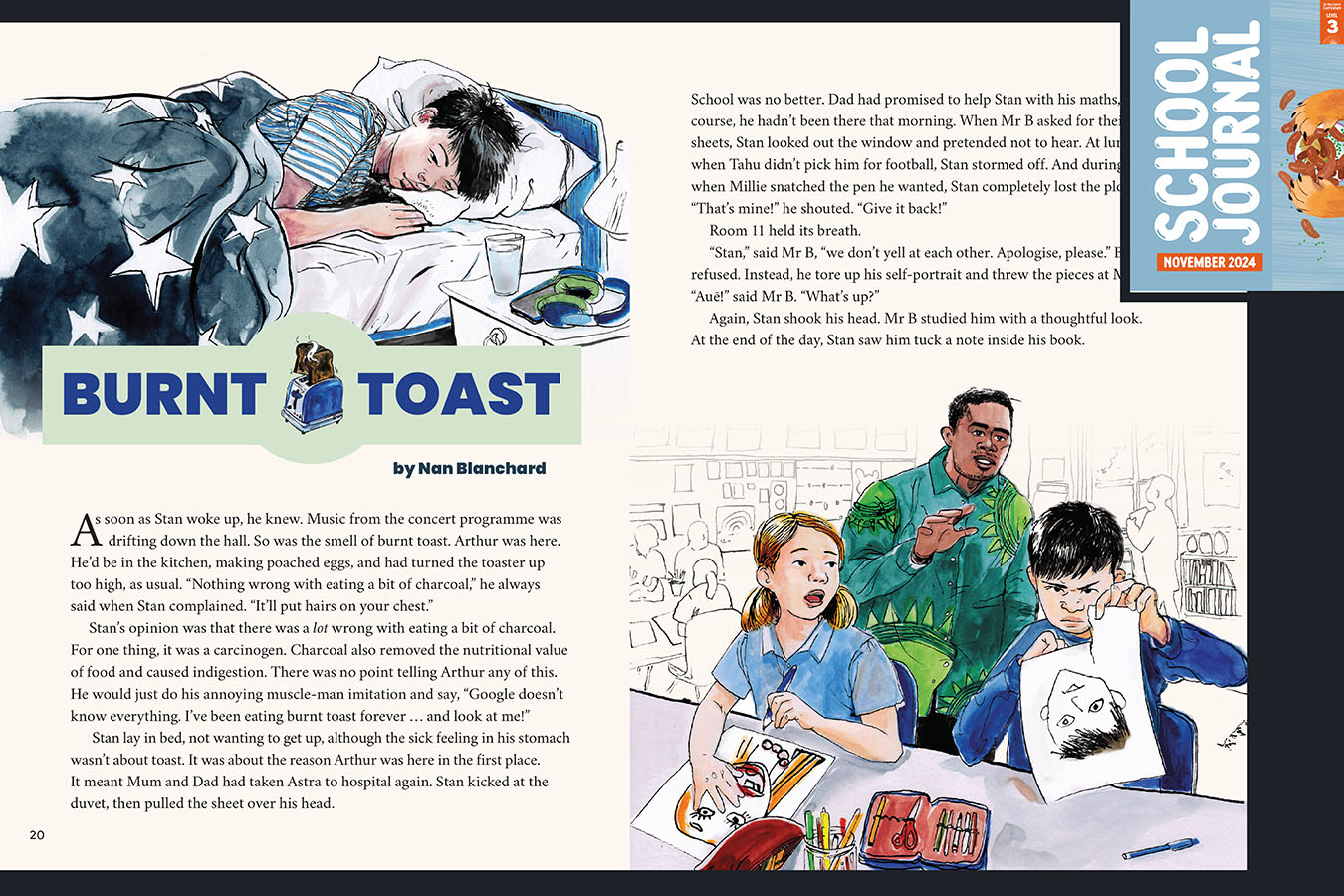 A preview of the article called Burnt Toast. An illustration of a boy waking up in bed. The cover of School Journal Level 3 November 2024 appears in the corner.