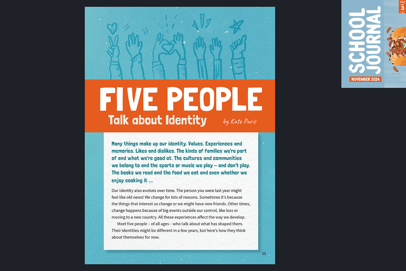 A preview of the article called Five People. The title appears against an orange background. The cover of School Journal Level 3 November 2024 appears in the corner.