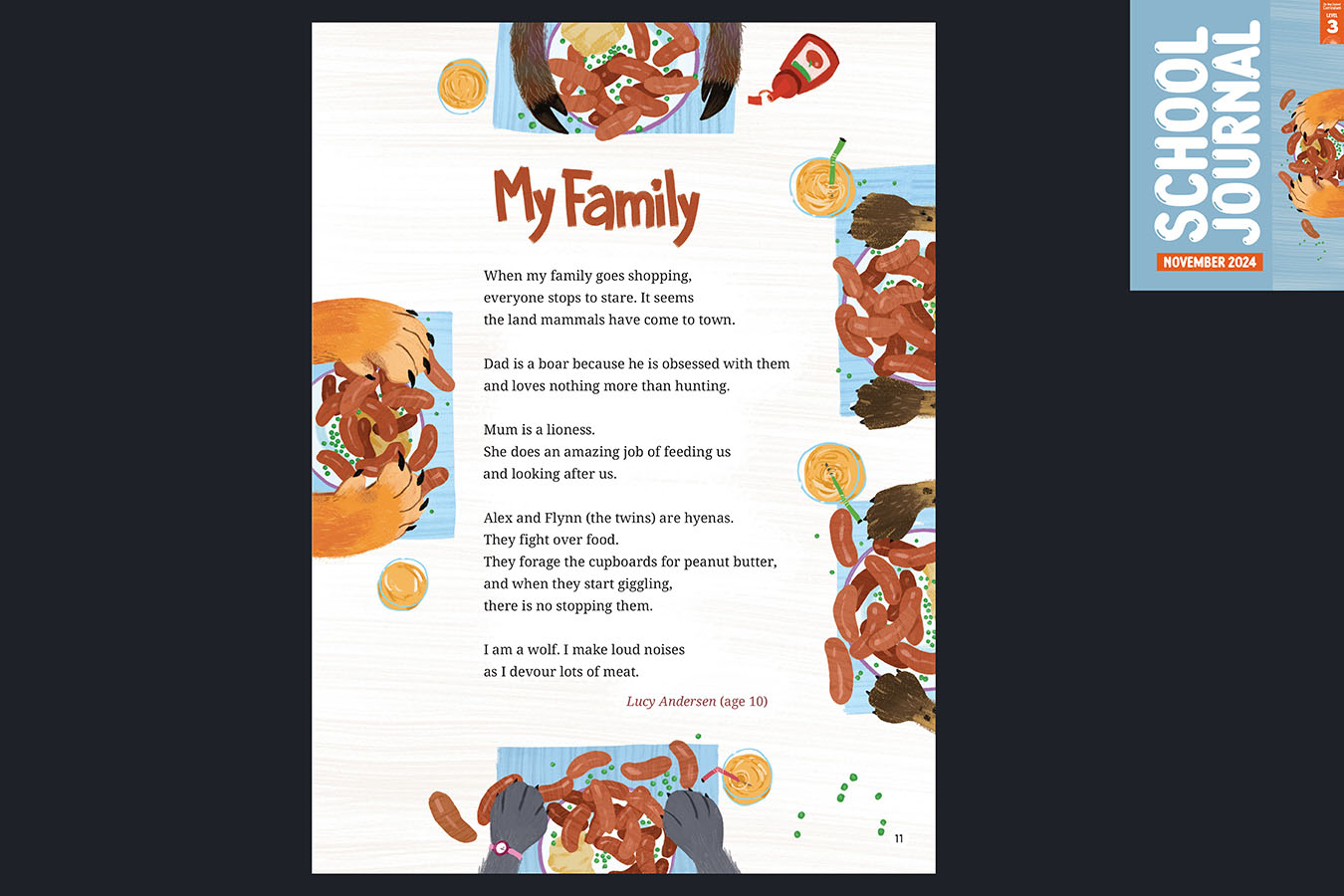 A preview of the article called My Family. An illustration showing a table with paws grabbing food from it. The cover of School Journal Level 3 November 2024 appears in the corner.