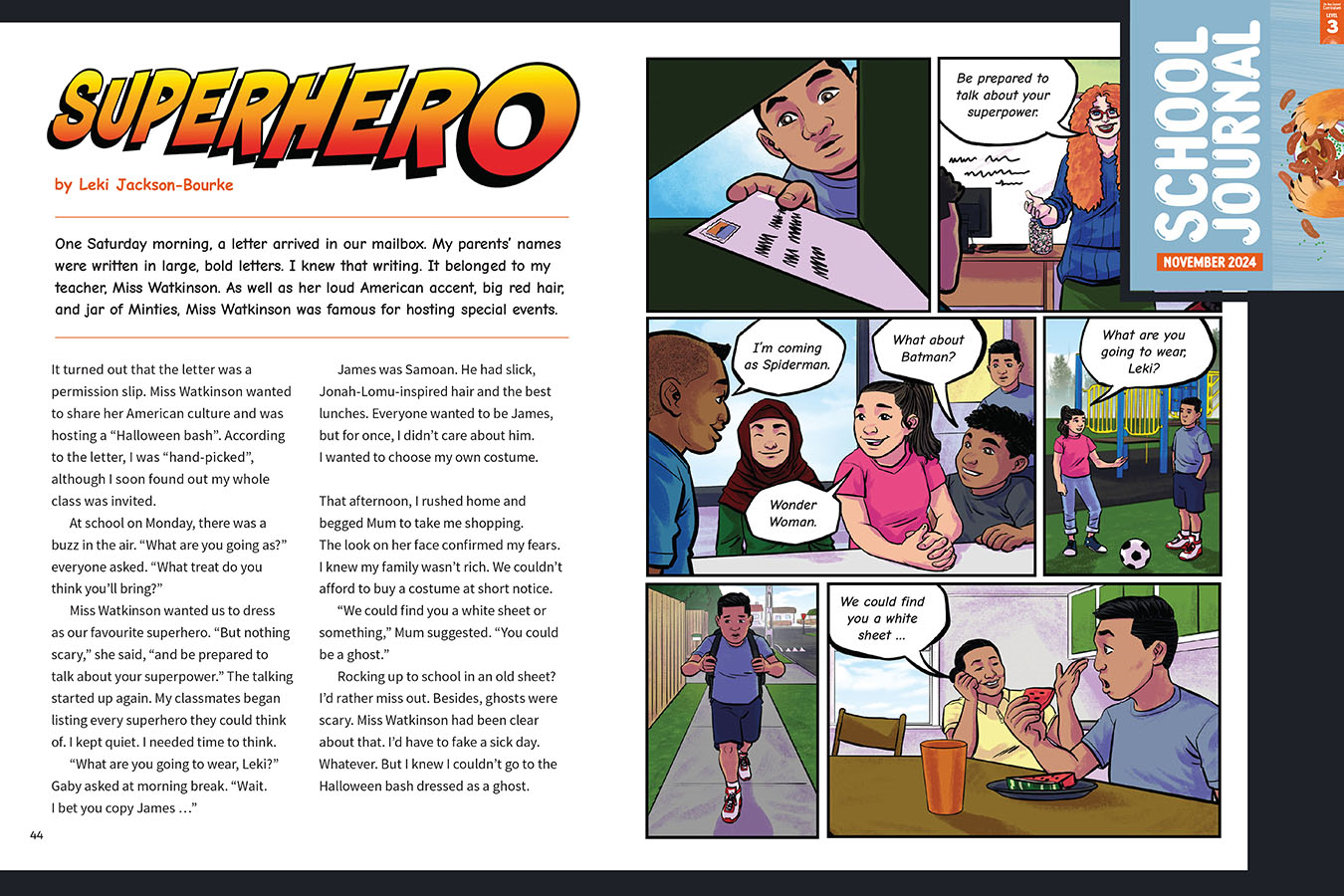 A preview of the article called Superhero. A graphic novel style of illustrations in a school setting. The cover of School Journal Level 3 November 2024 appears in the corner.