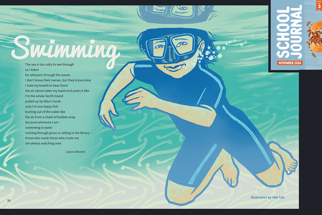 A preview of the article called Swimming. An illustration of a girl snorkelling. The cover of School Journal Level 3 November 2024 appears in the corner.