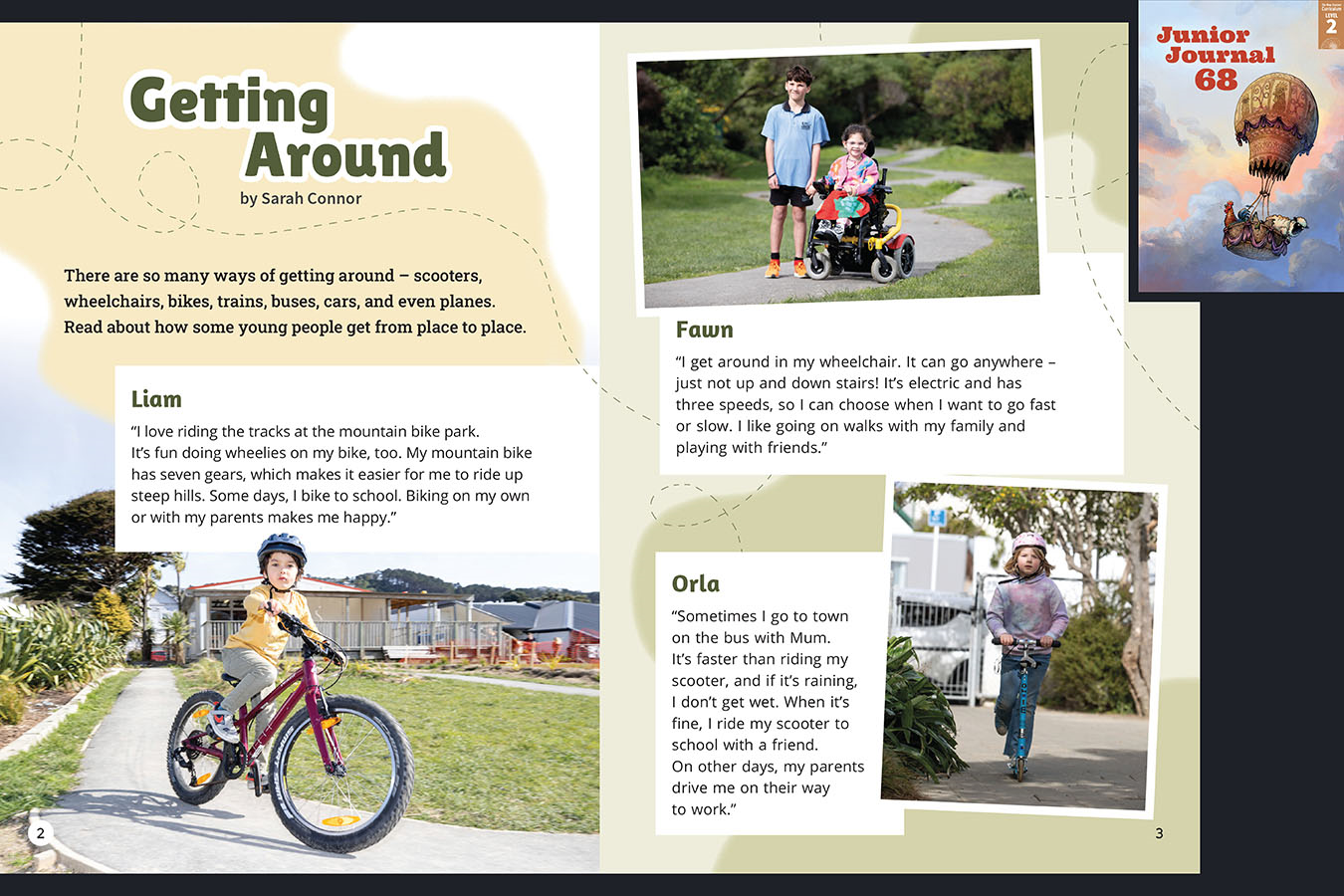 A preview of the article called Getting Around. Photos of children on various modes of transport. The cover of Junior Journal 68, Level 2, November 2024 appears in the corner.