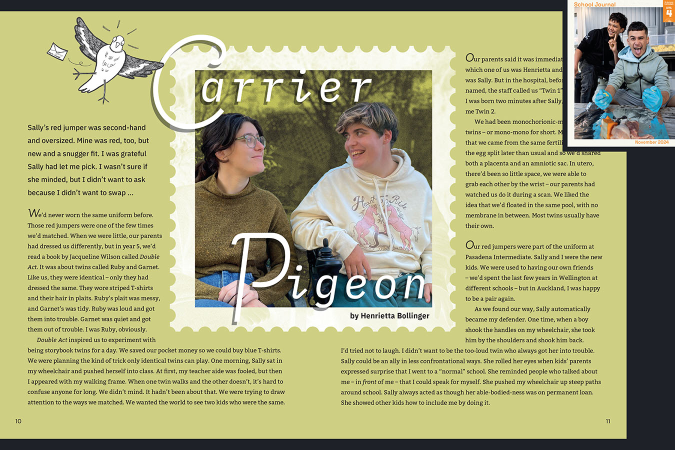 A preview of the article called Carrier Pigeon. A photograph of twins laughing, one in a wheelchair. The cover of School Journal Level 4 November 2024 appears in the corner.