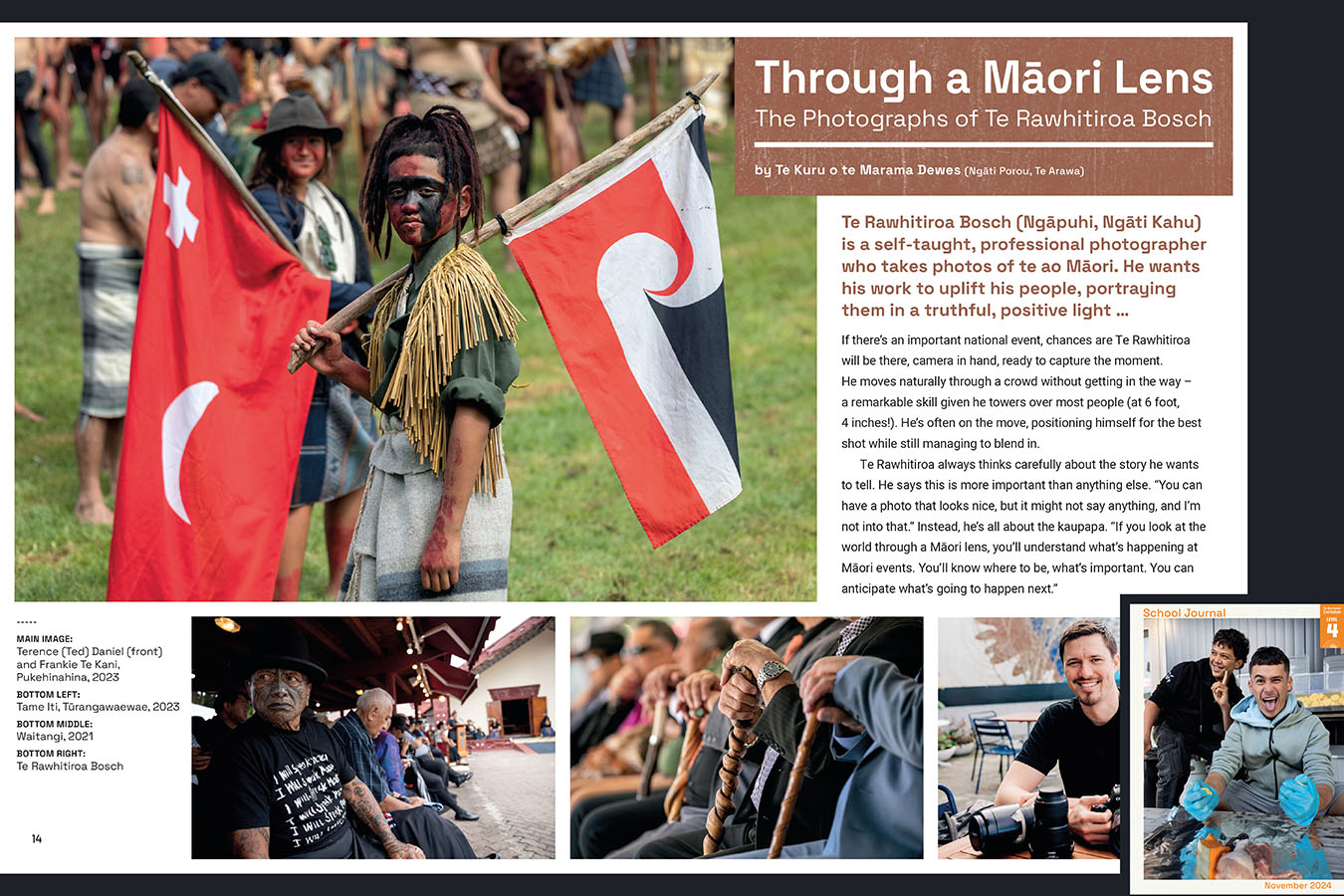 A preview of the article called Through a Māori Lens – The Photographs of Te Rawhitiroa Bosch. Photography by Te Rawhitiroa Bosch is showcased including at Pukehinahina, Tūrangawaewae and Waitangi.