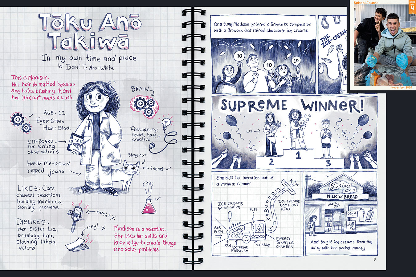 A preview of the article called Tōku Anō Takiwā. Graphic novel style illustrations of a kid scientist winning an award. The cover of School Journal Level 4 November 2024 appears in the corner.