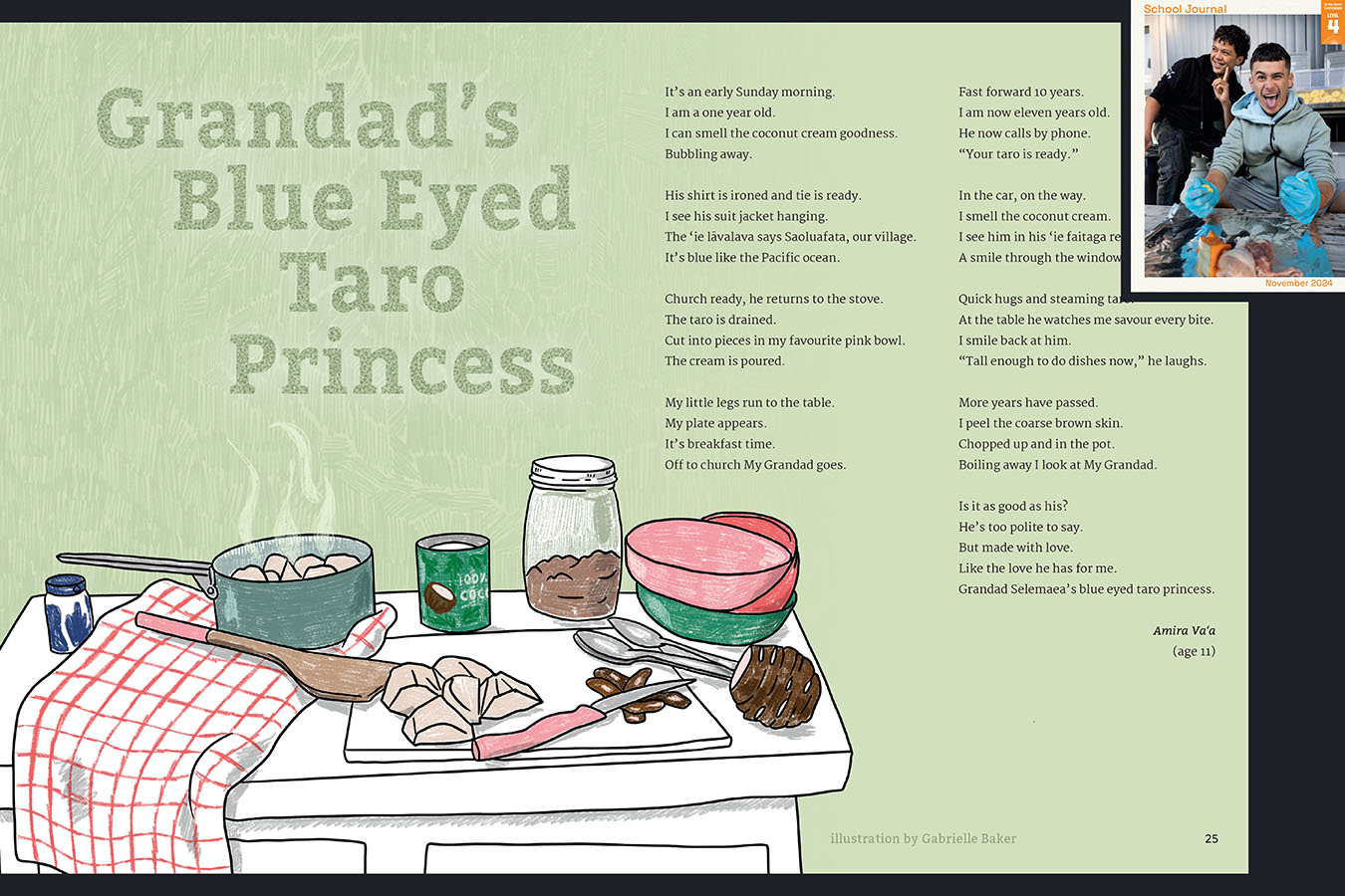 A preview of the article called Grandad’s Blue Eyes Taro Princess. An illustration of a table with cooking utensils and taro in a pot. The cover of School Journal Level 4 November 2024 appears in the corner.