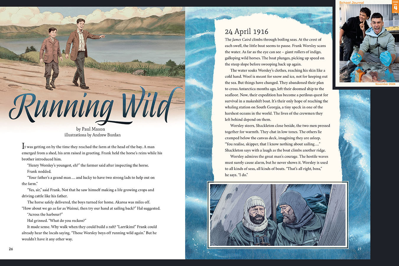 A preview of the article called Running Wild. An illustration of young boys on a beach on one side of the page, and older men in a boat on the other side. 