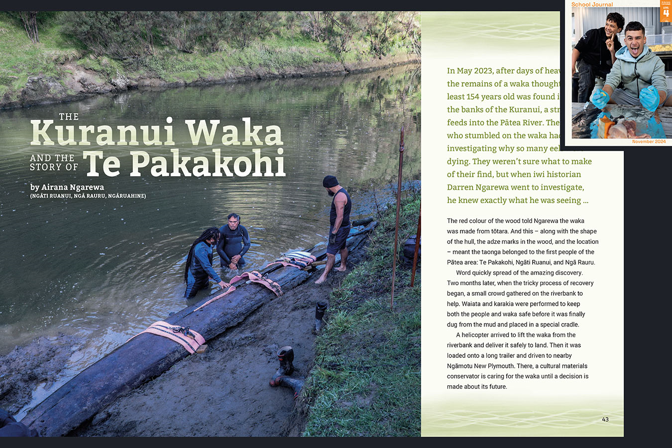 A preview of the article called The Kuranui Waka and the Story of Te Pakakohi. A photo of three men discovering an old waka in a riverbed. The cover of School Journal Level 4 November 2024 appears.