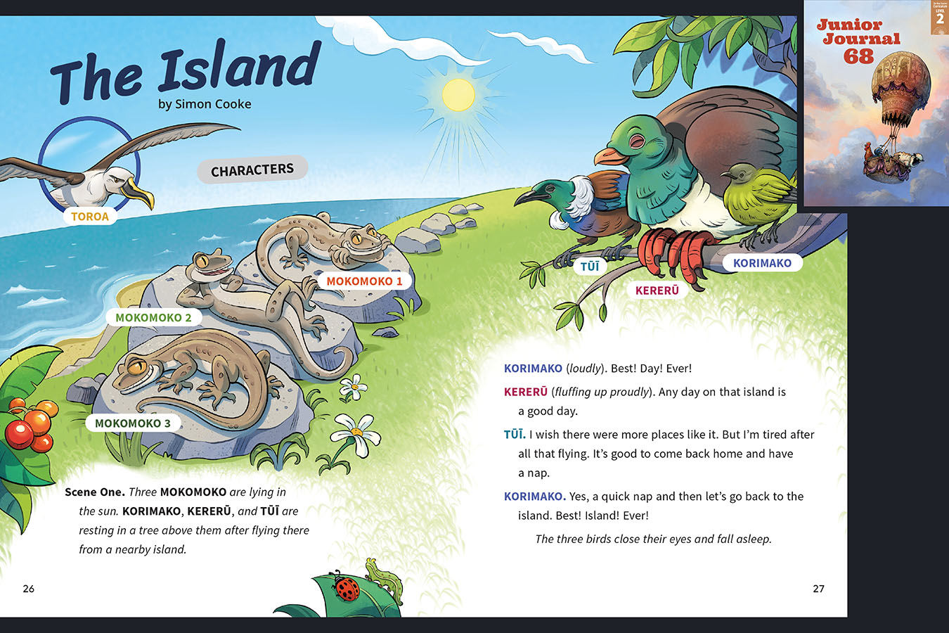 A preview of the article called The Island. Illustration of a tōroa, three mokomoko, a korimako, a kererū and a tuī. The cover of Junior Journal 68, Level 2, November 2024 appears in the corner.