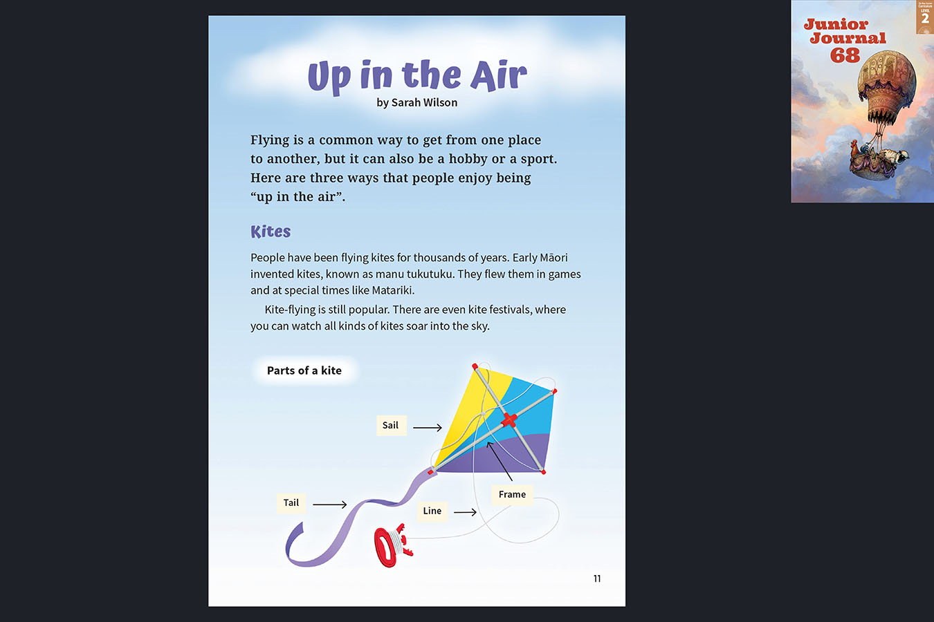 A preview of the article called Up in the Air. Labelled illustration of a kite. The cover of Junior Journal 68, Level 2, November 2024 appears in the corner.