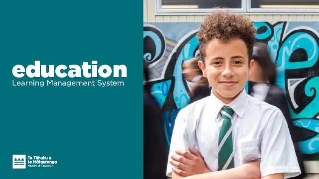 Words Early learning management system against a green background. A young student in school uniform with his arms crossed.