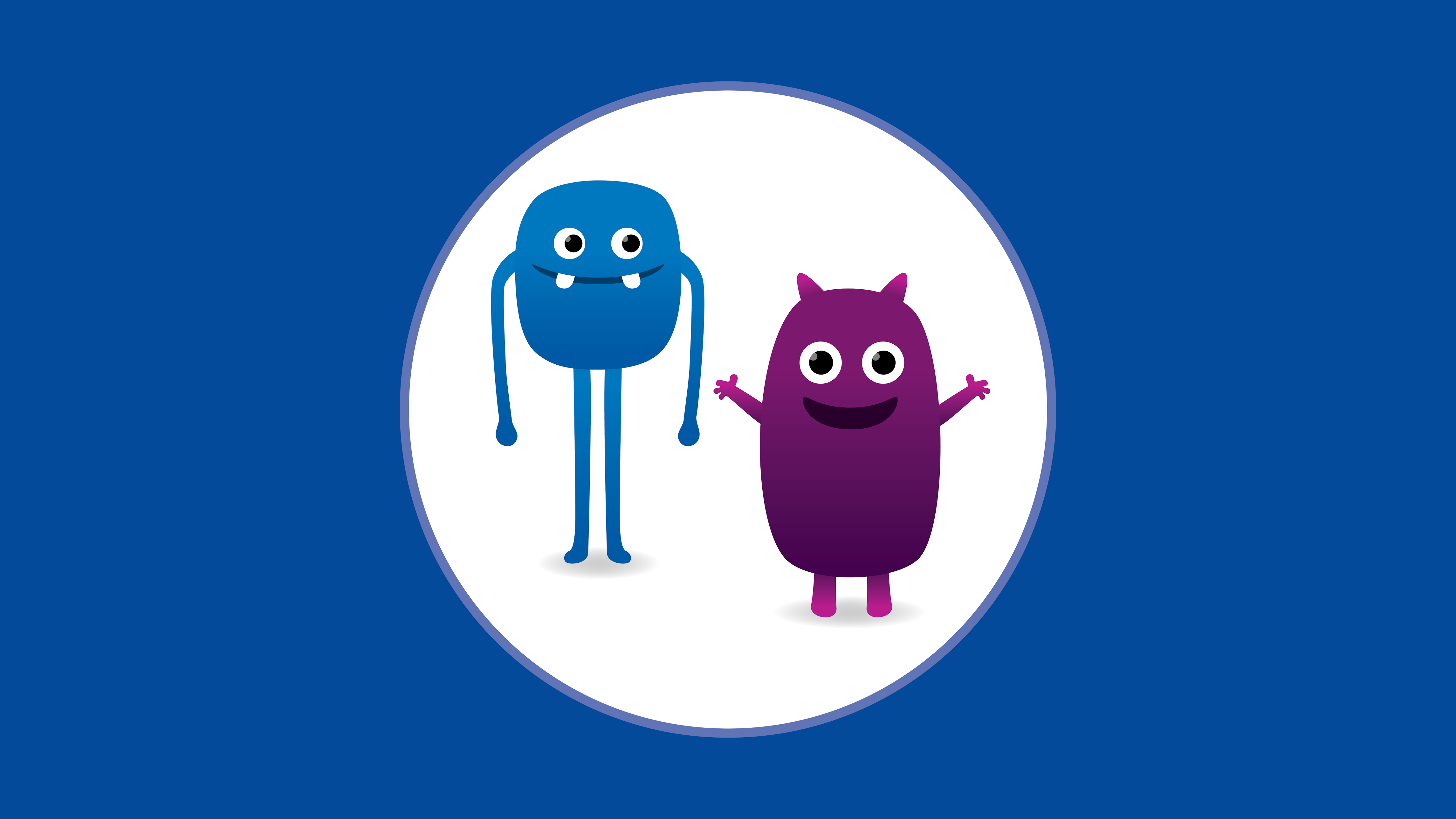 A white circle against a blue background. Within the circle are two cartoon monsters. One tall, blue with long legs, the other short and purple.