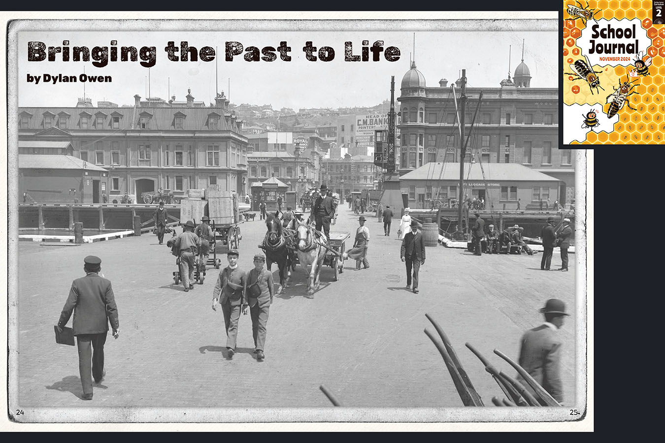 A preview of the article called Bringing the Past to Life. A black and white image of a wharf. The cover of School Journal Level 2 November 2024 appears in the corner.