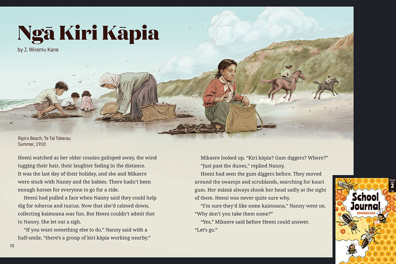 A preview of the article called Ngā Kiri Kāpia. A family on the beach. The cover of School Journal Level 2 November 2024 appears in the corner.