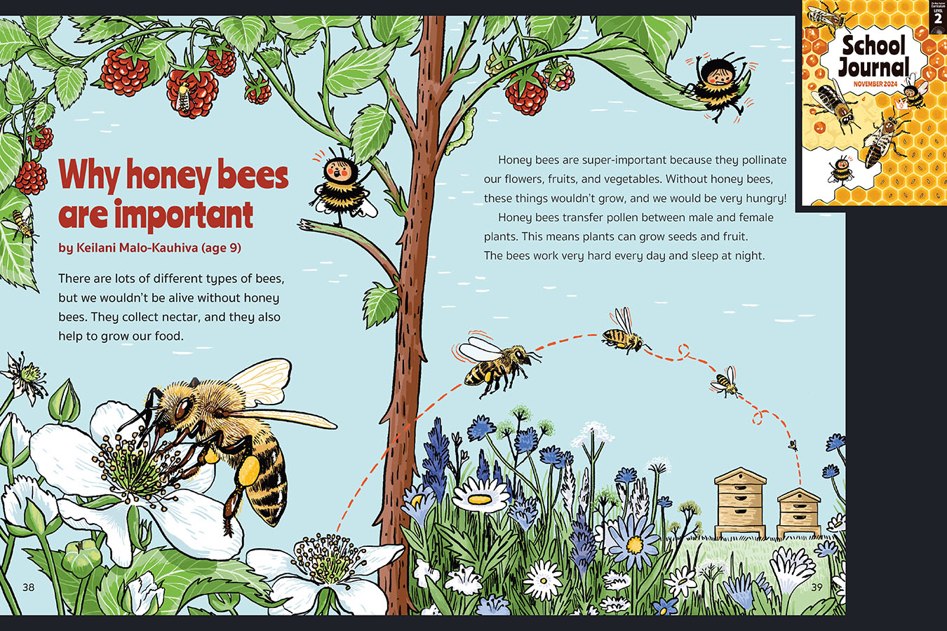 A preview of the article called Why honey bees are important. An illustration of honey bees resting on flowers. The cover of School Journal Level 2 November 2024 appears in the corner.