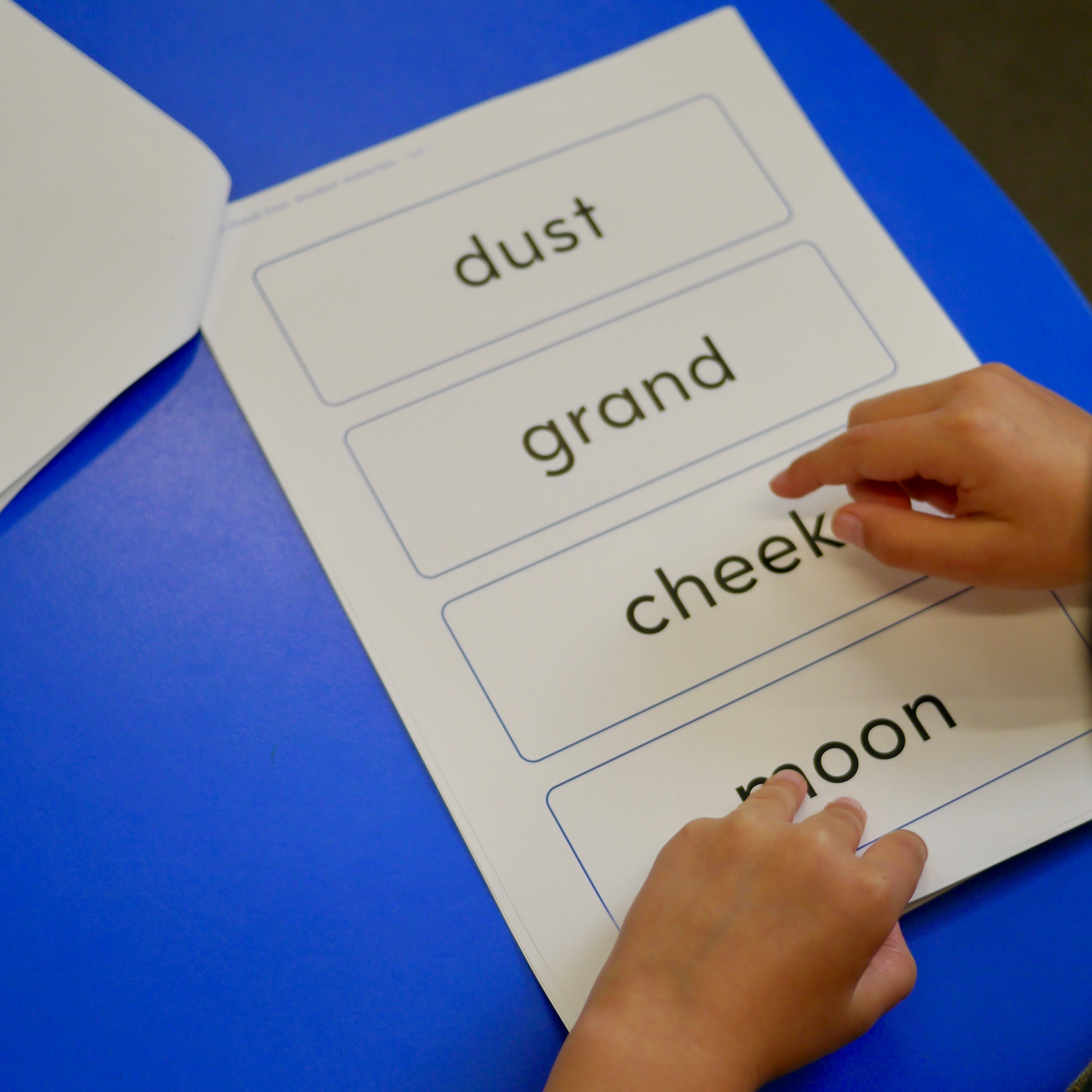 An a4 page with four large word items in boxes. The words are 'dust', 'grand', 'chest' and 'moon'. A student's hands point to the word 'chest'.