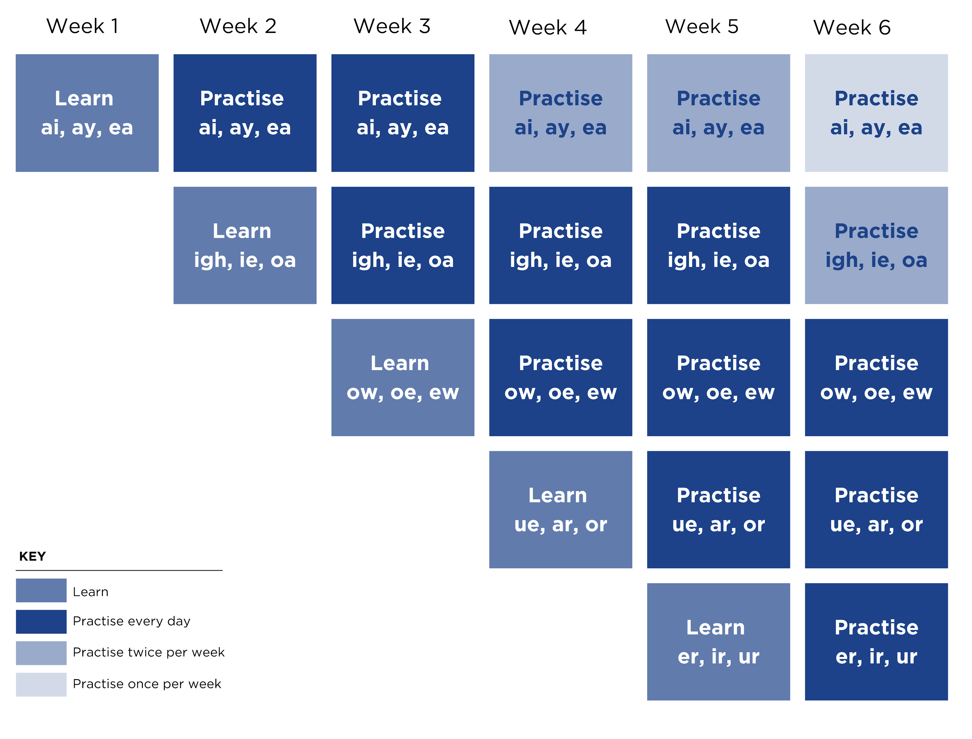 A plan showing how learning builds over 6 weeks