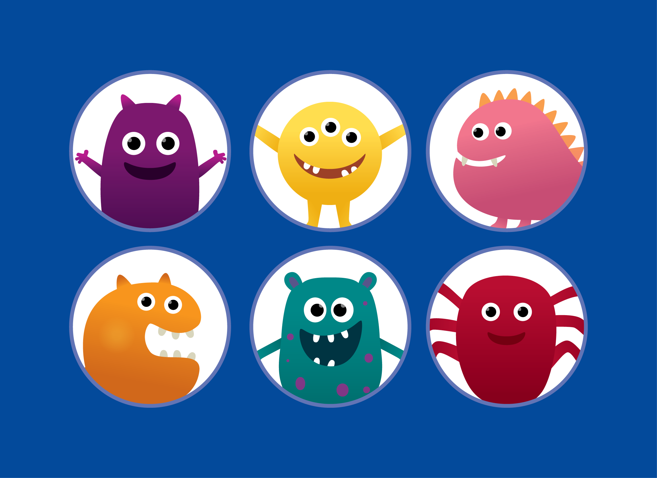 Six cartoon monsters appearing in individual circles against a blue background. 