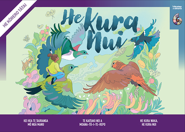 Cover of He Kōrero Tātai “He Kura Nui”. The cover features the illustration from “Kei hea te tauranga mō ngā manu”