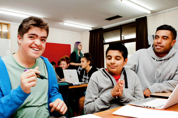 A teacher working with two students.