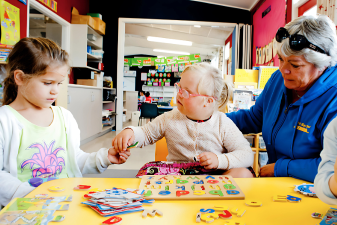 Two students working at a desk with a teacher.