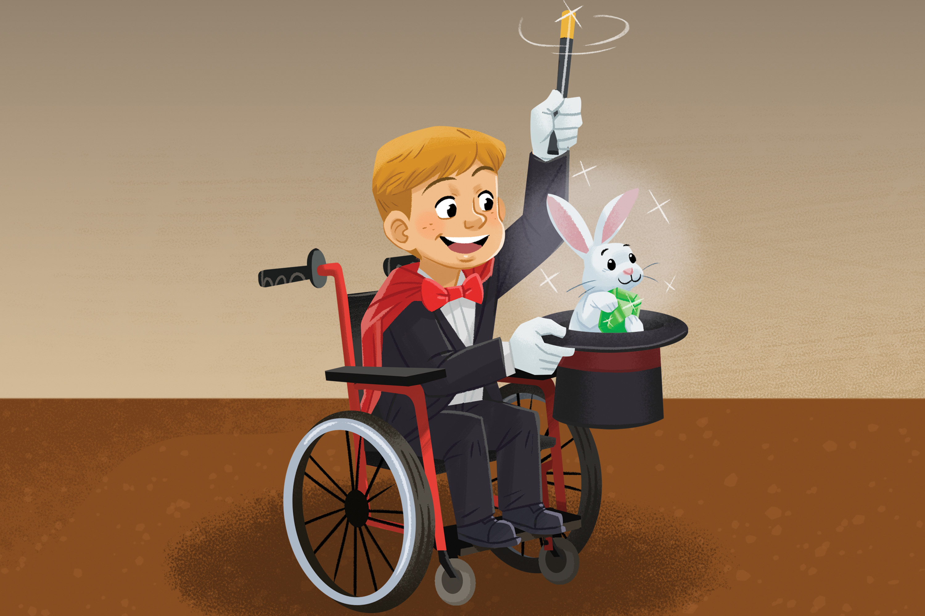 A boy in a wheelchair with a rabbit in a hat
