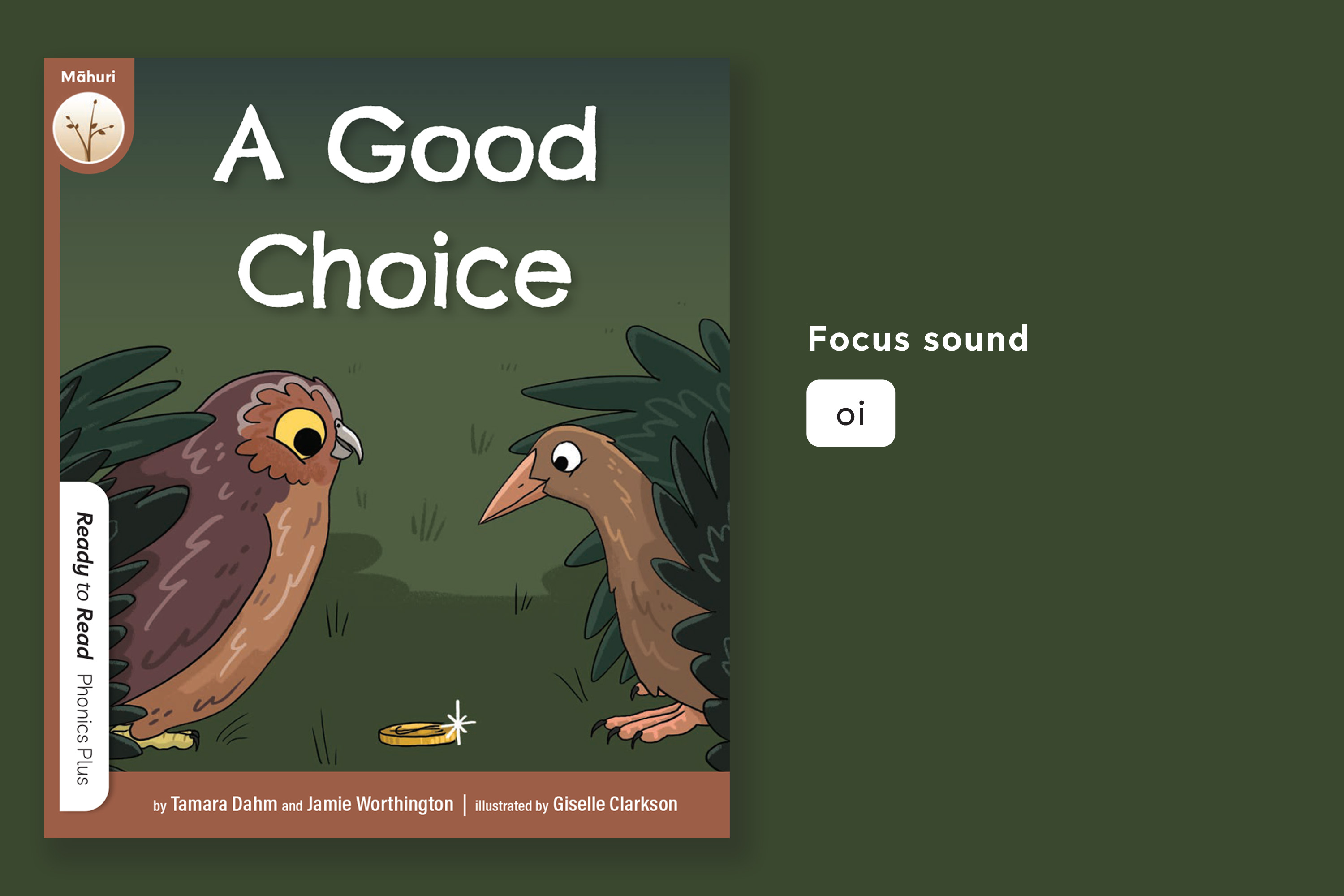A Good Choice. Illustration, an owl (ruru) and a weka looking at a gold coin on the ground